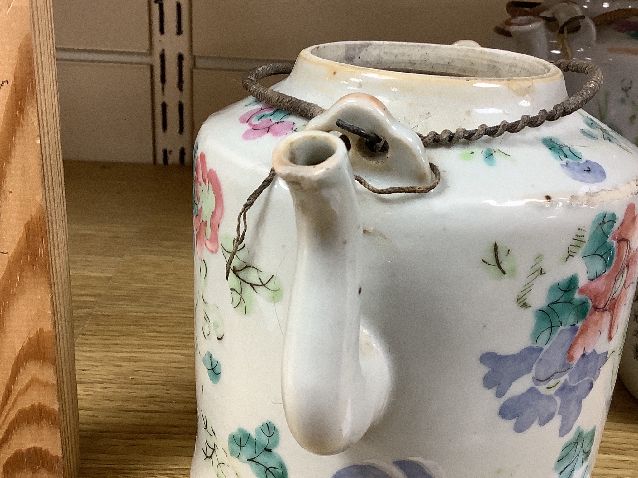 Three 19th century Chinese famille rose teapots, tallest 14cm